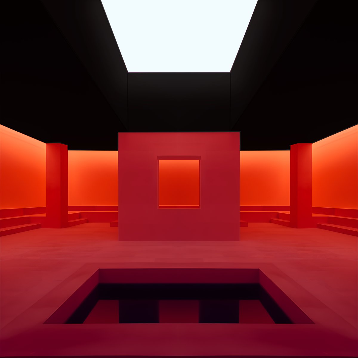 EXIT069 - THE POOL TUB 🔴🟠

A pool-tub within the contrast of a lightly pigmented magenta floor, illusive orange walls and a pitch black ceiling. Framed by the stepped seating around the periphery of the room, the pool tub is the center piece of a vivid, lucid and vigorous exit.