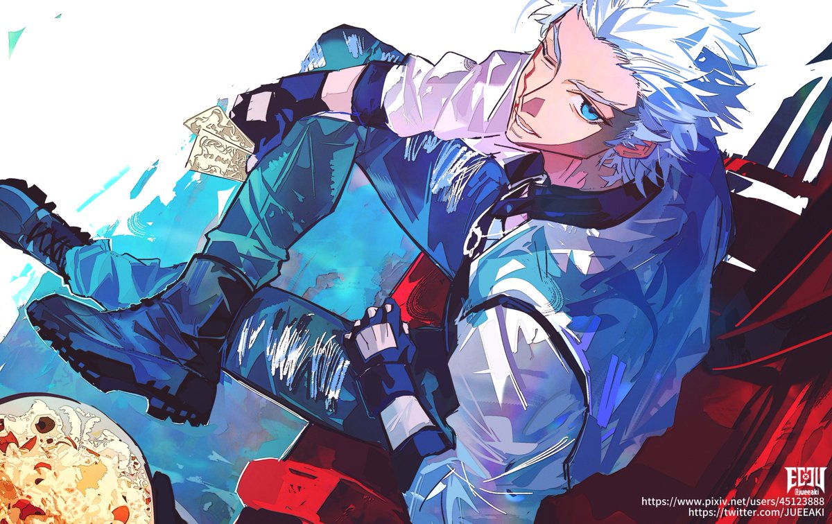 1boy male focus blue eyes white hair solo sitting one eye closed  illustration images