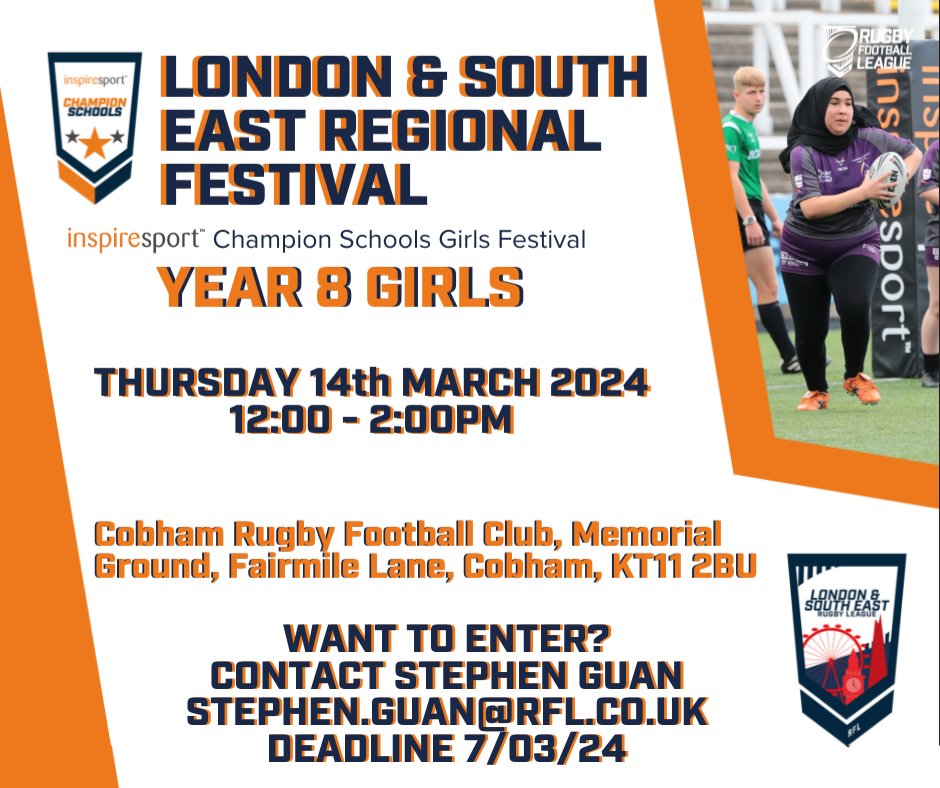 Schools Rugby League (@schools_rl) on Twitter photo Want to get involved with the London & SE Year 8 Girls School Festival? Contact Stephen Guan before 07/03/24
<a href="/LondonRL/">London Rugby League</a> Want to get involved with the London & SE Year 8 Girls School Festival? Contact Stephen Guan before 07/03/24
<a href="/LondonRL/">London Rugby League</a>