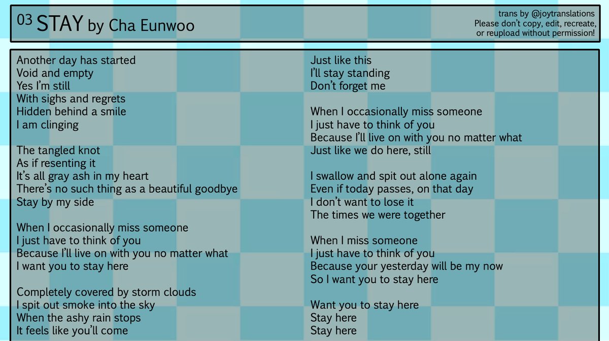 joytranslations's tweet photo. [ #ChaEunwoo ] 03 STAY eng lyrics

💜 please don't remake or reupload without permission!

#아스트로 #ASTRO #아로하 #AROHA #차은우 #ENTITY https://t.co/6tZKJqPpPo