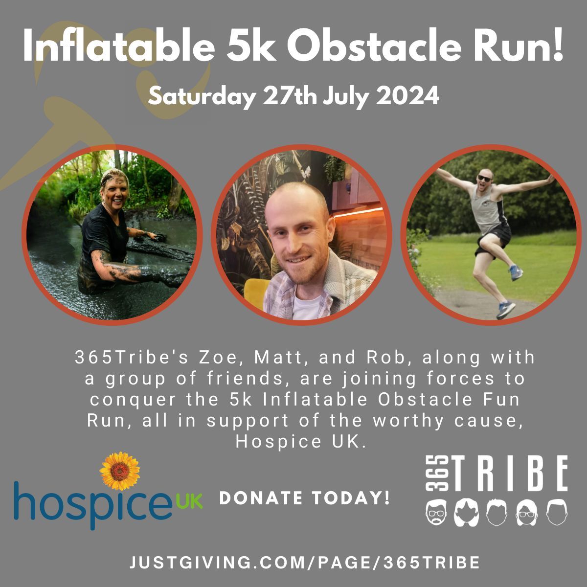 🏃 365Tribe's Zoe, Matt, and Rob, along with friends, are taking on a 5k Inflatable Obstacle Fun Run for Hospice UK. 🏃‍♀️🏃‍♂️ Support with any donation, big or small, to make a meaningful impact! 🙌 #FunRunForGood #HospiceUK .❤️ buff.ly/3SYdKgs 
#365Tribe
