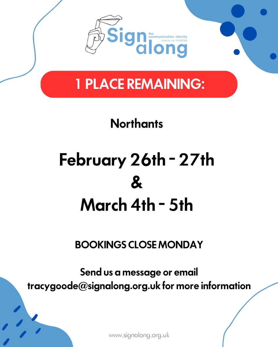 Signalong's tweet image. 📢 We&apos;ve just had one spot open up for our upcoming tutor training course. 🙌 If you&apos;re ready to dive into the world of Signalong and become a Tutor, don&apos;t miss out!
📚 Hurry and get in touch with us ASAP to grab that spot before it&apos;s gone! 🏃‍♀️🏃‍♂️

#SignalongCharity #TutorTraining