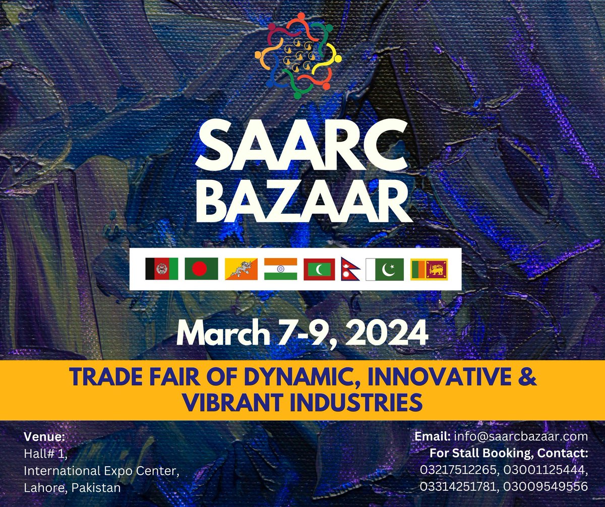 SAARCBazaar's tweet photo. Attention all talented entrepreneurs! #SAARCBAZAAR is the place to be to showcase your products and reach a wider audience. Book your stall today and be a part of this empowering event!

#saarcbazaar #tradeshow #SouthAsia #Pakistan #exhibition #SCWEC #investinwomen #Lahore https://t.co/g8sT8TbaPa