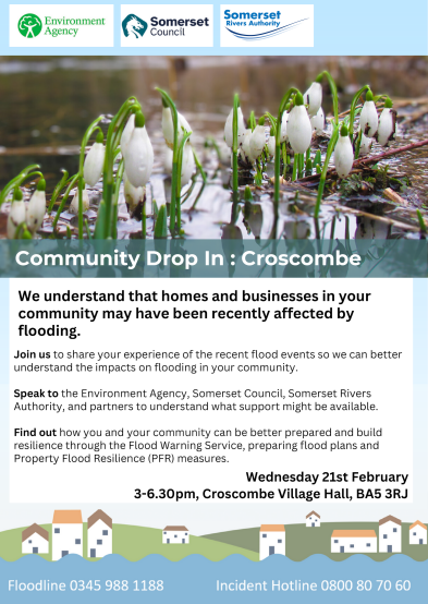 Join us in #Croscombe on 21 February to share your experience of recent #flood events: ⏰15:00 - 18:30 hrs 📍Croscombe Village Hall, BA5 3RJ @SomersetCouncil @SRAnews