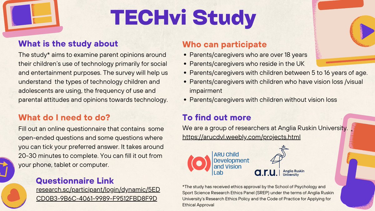 Do you have a child between the ages of 5 and 16? Please participate in this study looking at the use of technology/electronics in children with a visual impairment and those without vision loss. Here is the link: research.sc/participant/lo…