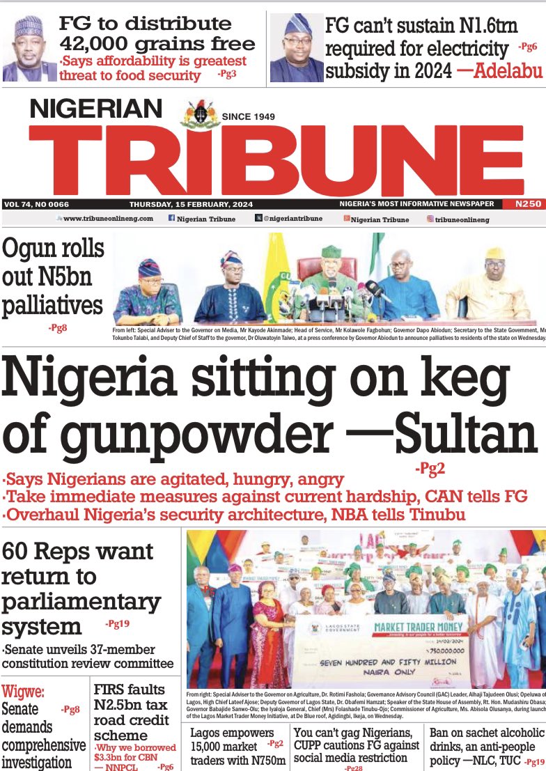 Superfm963's tweet photo. NEWSPAPER FRONT PAGES 

THURSDAY 15/02/2024  

Follow @Superfm963  to stay updated! 

#newspaper #headlines  #newsupdate #thursday https://t.co/BSGH38TXro