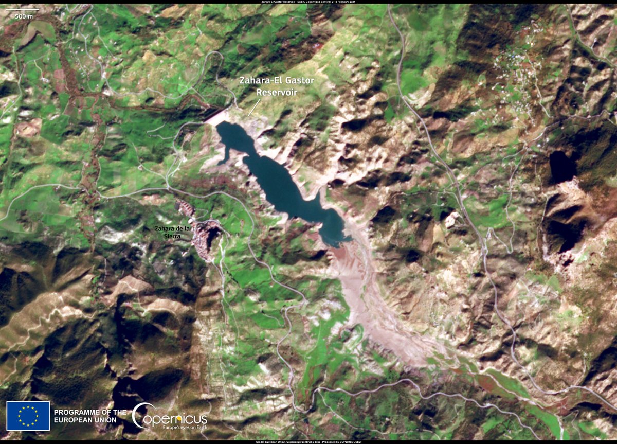 #ImageOfTheDay

Catalonia is not the only area of Spain impacted by #drought. The province of Cádiz 🇪🇸 is also severely affected

Several reservoirs are approaching critical levels

⬇️#Sentinel2 image of the Zahara-El Gastor reservoir, currently at around 6% of its capacity🚱