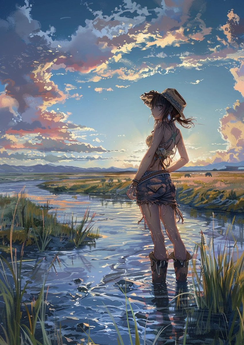 agelioss's tweet photo. #midjourneyV6 #PromptShare #animegirl 

a classic western image of an anime cyberpank cute girl standing in a wide river, distant low view of the scene, high quality artistic painted print --ar 5:7 --v 6 https://t.co/72QUTBDqdQ