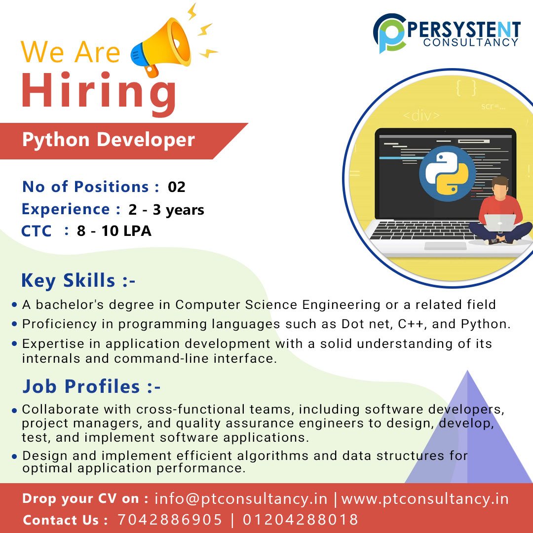 ptconsultancy1's tweet image. Hiring Python Developer
Experience - 2 - 3 Years
CTC - 8 - 10 LPA
Location - Noida
Apply at link :- bit.ly/hiring-for-pyt…
Key Skills:- Python Programming, Django or Flask, HTML, CSS, JavaScript, MySQL, PostgreSQL, etc.
Mail id:- ptcon2020@gmail.com
#hiringpythondeveloper #jobs