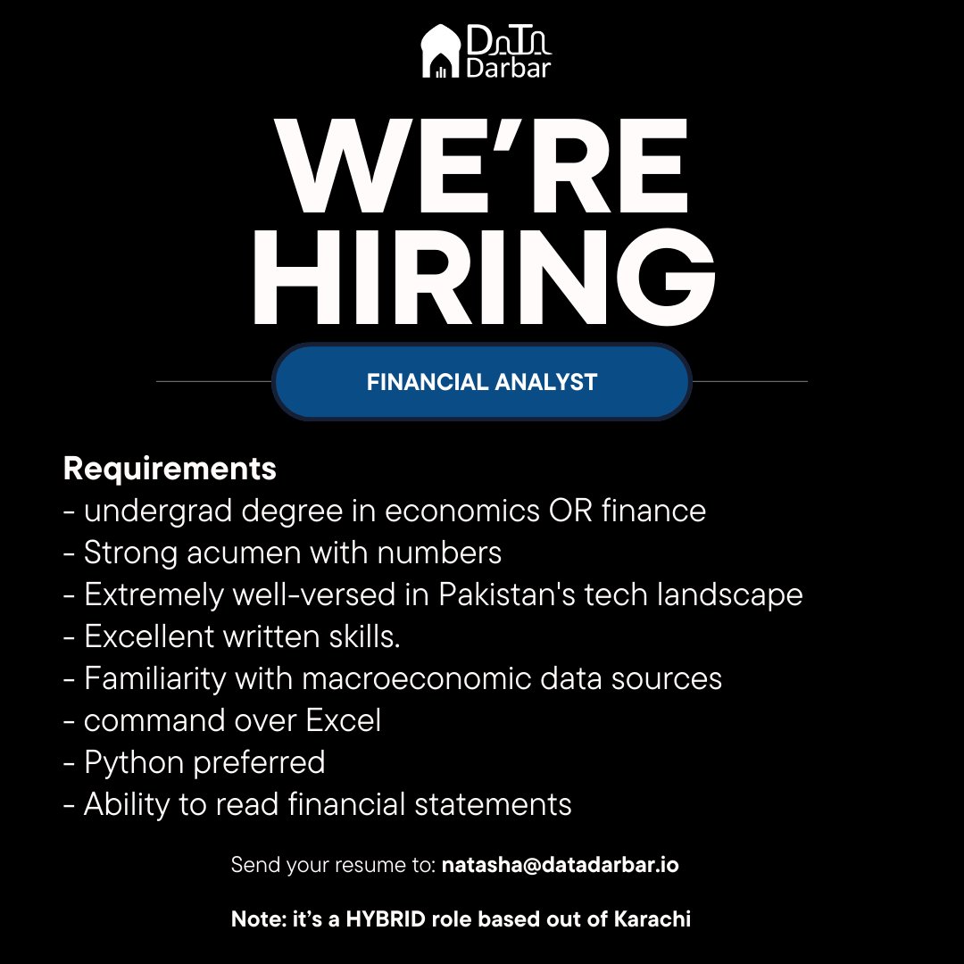 We at @DataDarbar are looking for a (junior) financial analyst based out of Karachi. Apply if you enjoy ➡Performing data analysis on industries/companies ➡Building models and running correlations/regressions ➡Writing articles and reports