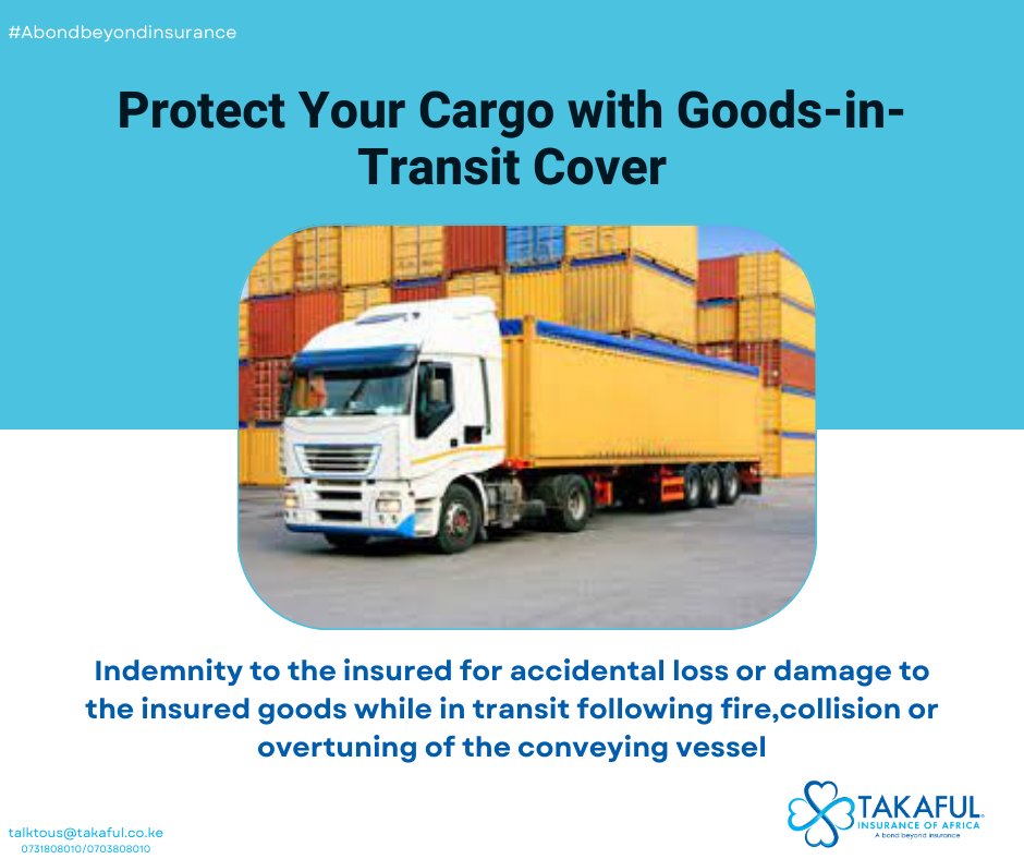 Takaful_Africa's tweet image. Safeguard your cargo, Ensure peace of Mind: Get goods in transit cover today! #insurance #goodsintransit #shariahcompliance #kenyanshilling #kshs