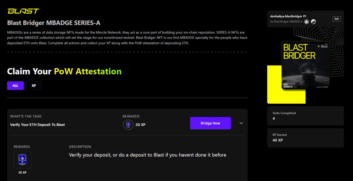 0xmercle's tweet image. users who have bridged to @Blast_L2 can now collect their MBADGE NFT from mercle.
🔗 app.mercle.xyz/blast

MERCLEBADGEs are a series of data storage NFTs for the mercle network. they act as a core part of building your on-chain reputation, as they store verified attestations…