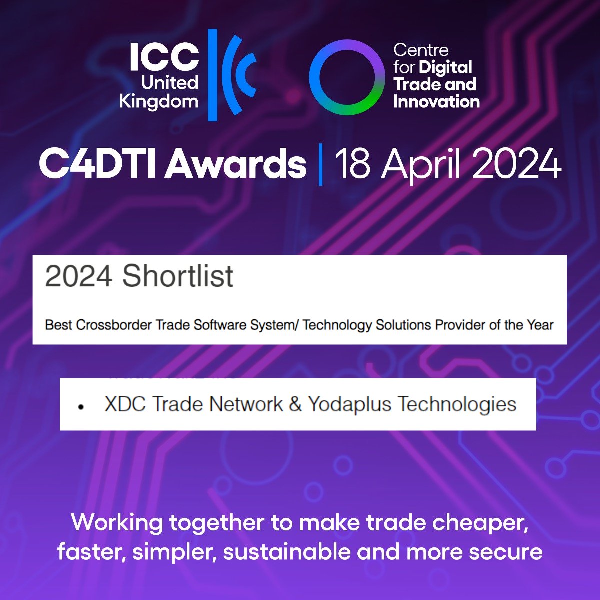 XDC Trade Network, in collaboration with Yodaplus, is shortlisted for the 'Best Crossborder Trade Software System/Technology Solutions Provider of the Year' at the 2nd Annual #C4DTI Digital Trade Awards! For more info. on event: c4dti.co.uk/digital-trade-… #C4DTIAwards #digitaltrade