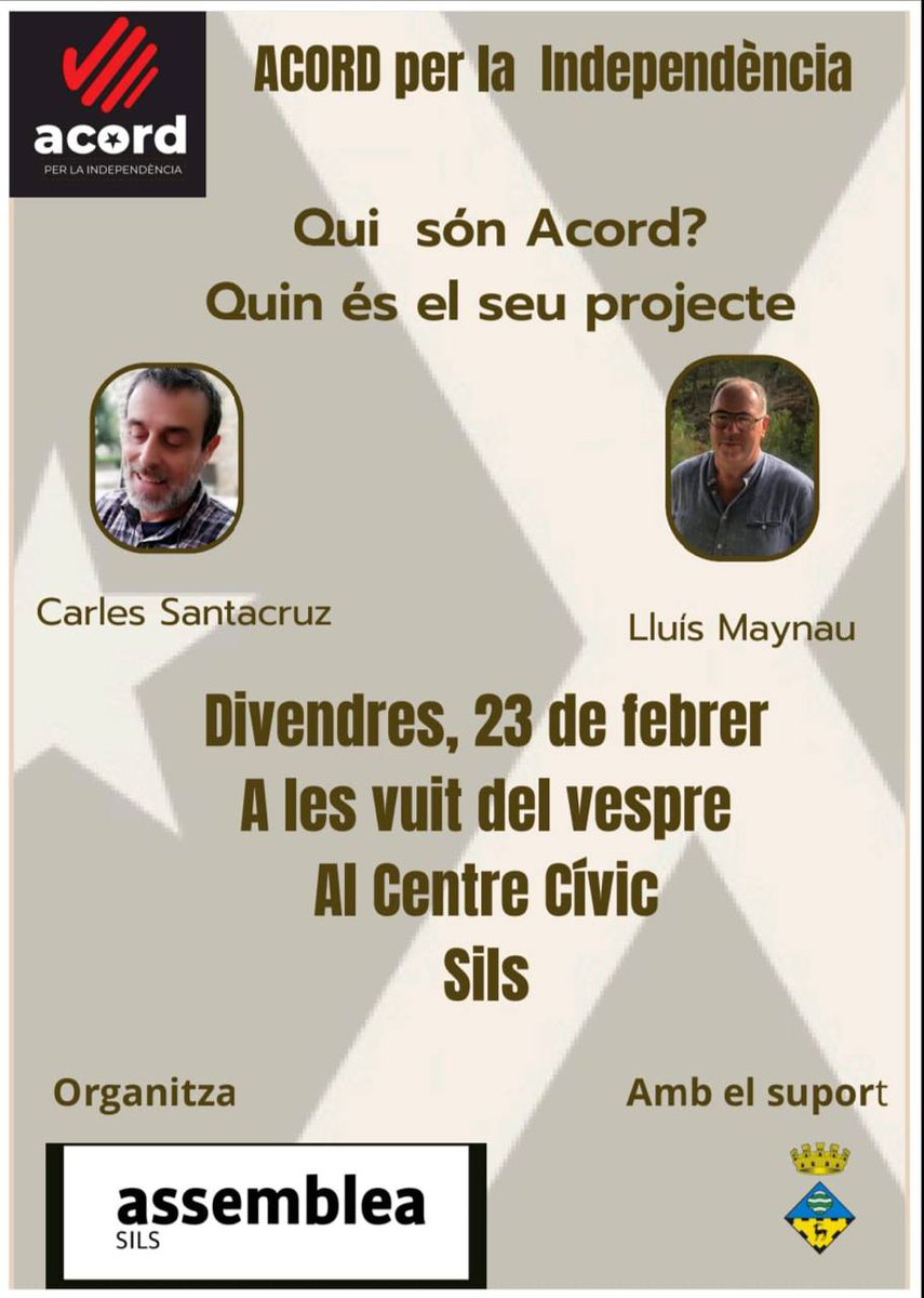 🔴🔴PROPERA XERRADA🔴🔴

US ESPEREM A SILS!!
🔻🔻🔻🔻🔻🔻🔻🔻

🗓 23 de Febrer.

🕛 20.00h

📍Centre Cívic de Sils

🗣 <a href="/CarlesSantacruz/">Carles Santacruz</a> i <a href="/LMaynau/">Lluís Maynau i Lloveras</a>

FEU RETUIT!!