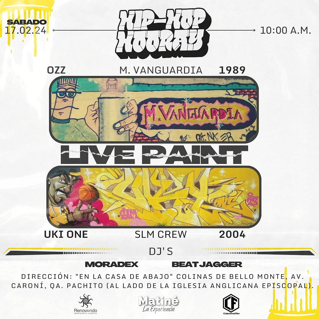 Nos vemos en la 3era edición Hip-Hop Hooray con el Live Paint de dos grandes del graffiti Ozz y Uki. Reencuentro de décadas y estilos. 17/02/24 💥

Más info ig hiphophooray.ve 

#graffiti #Caracas #Venezuela