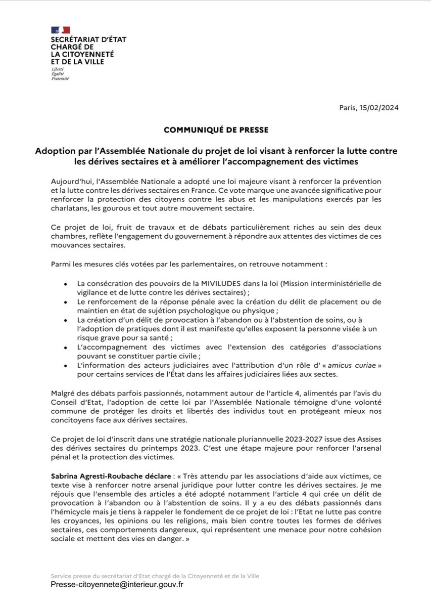 L'Assemblée Nationale a adopté le projet de loi visant à renforcer la lutte contre les dérives sectaires et à améliorer l'accompagnement des victimes.
<a href="/Miviludes_Gouv/">Miviludes</a> <a href="/SabrinaRoubache/">Sabrina Agresti-Roubache</a> <a href="/apaire_etienne/">Etienne Apaire</a>  @D_Le_Vaillant