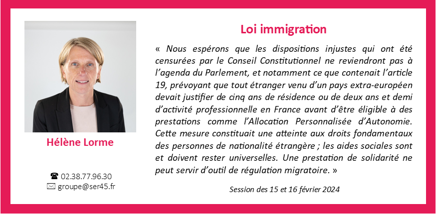 groupeser45's tweet photo. Début de la session budgétaire. En ouverture, Hélène Lorme revient sur deux sujets d'actualité nationale : les conséquences de la loi immigration pour notre Département et l'expérimentation du RSA conditionné à quinze heures d'activité hebdomadaire. https://t.co/CrA4xK9ntC