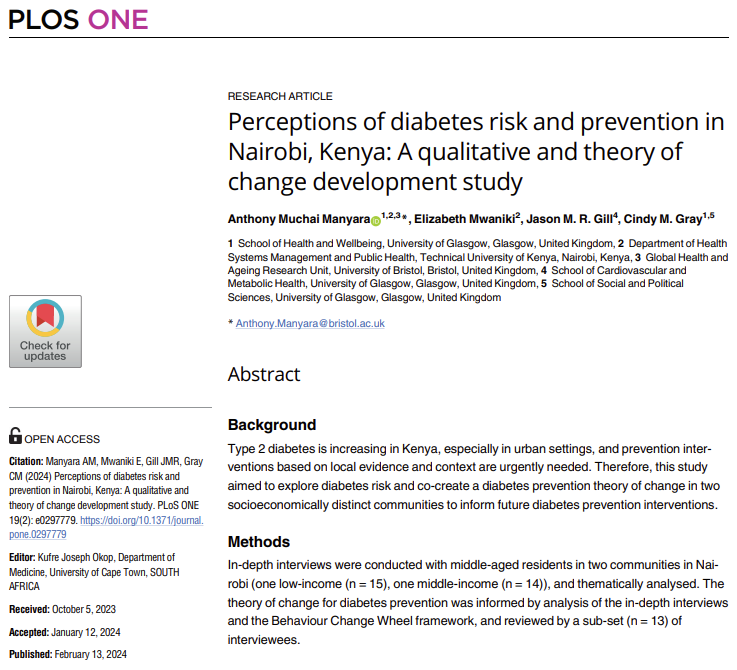 New publication in @PLOSONE Perceptions of diabetes risk and prevention in Nairobi, Kenya: A qualitative and theory of change development study 🔗journals.plos.org/plosone/articl…
