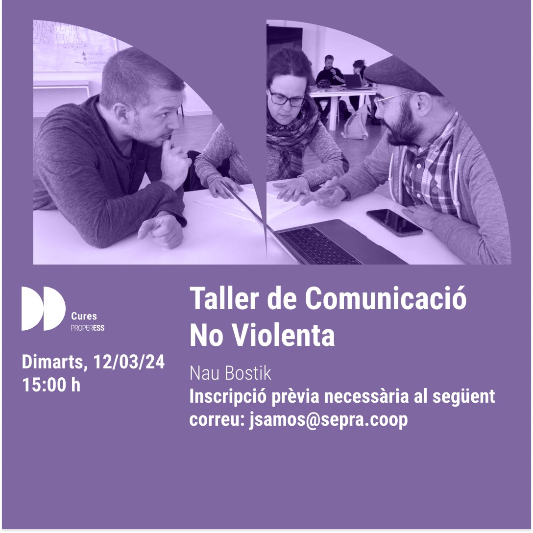 properess's tweet photo. Apunta't al Taller de Comunicació No Violenta (CVN) de #ProperESS!

Una formació per conèixer conceptes i eines per comunicar-nos de forma no violenta i 🫶🏽 reforçar les relacions i els projectes comunitaris.

🗓️12/03 🕒 15.00 h 📍@Naubostik
Cal inscripció: jsamos@sepra.coop https://t.co/n4G1EPRbPd