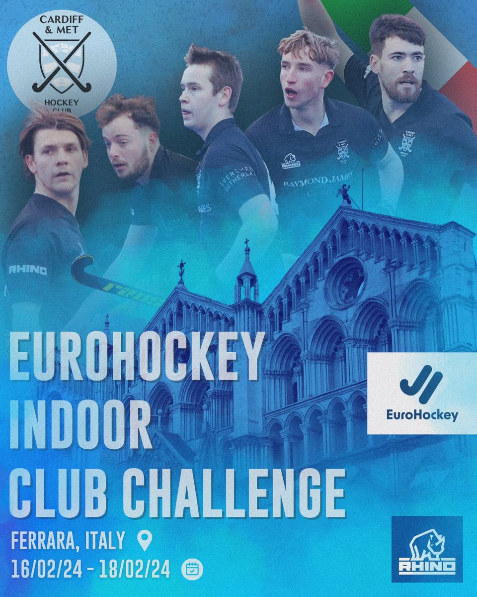 Cardiff_Hockey's tweet photo. Tomorrow…

We travel to Ferrara, Italy 🇮🇹 to compete in the @eurohockeyorg Indoor Club Challenge! ✈️ 

Stay tuned for relevant content, with the games starting tomorrow! 🏑

A massive good luck to our lads representing Wales and Cardiff &amp; Met. 💙

#OneBlue
🔵⚪️ https://t.co/Sqo8CWKPVa