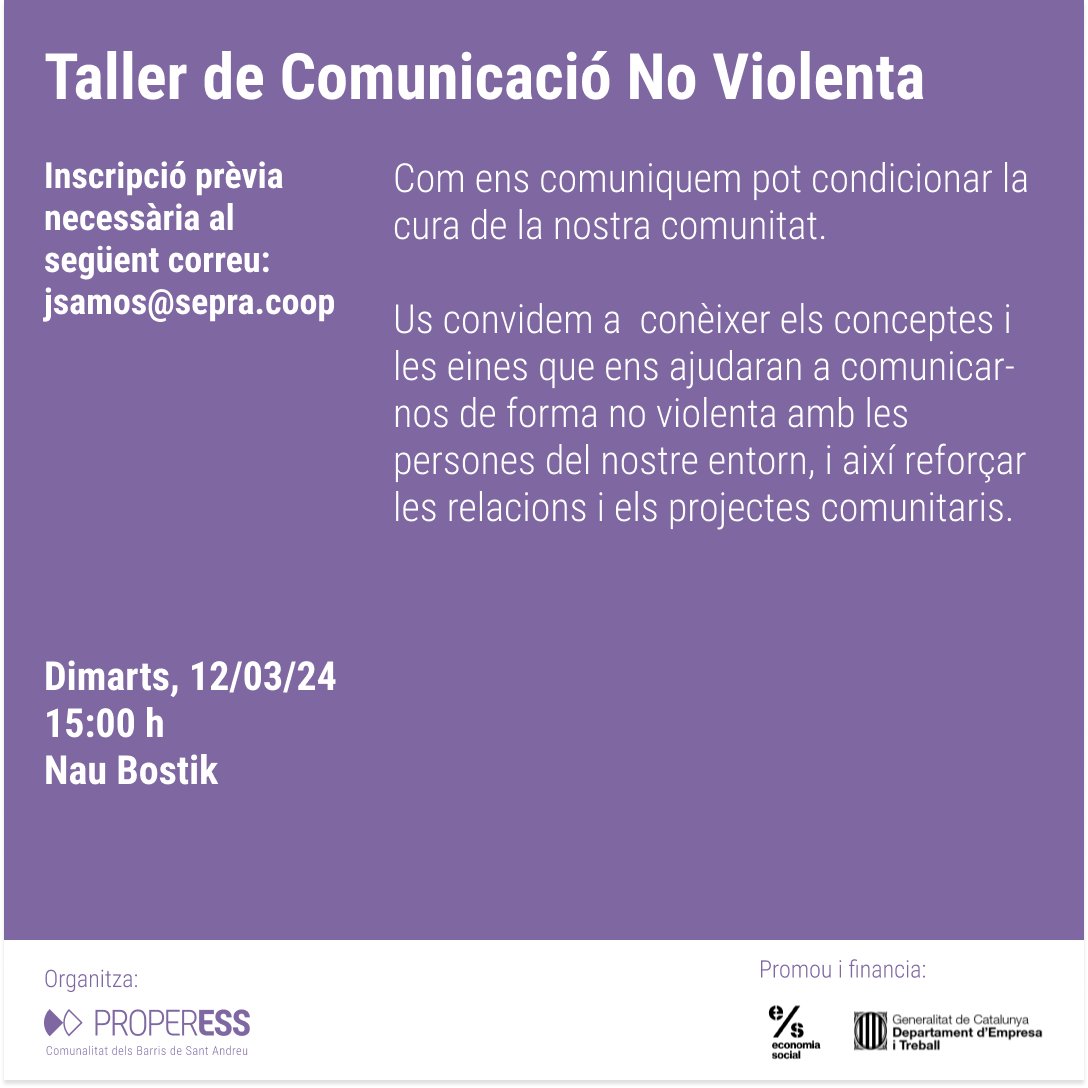 properess's tweet photo. Apunta't al Taller de Comunicació No Violenta (CVN) de #ProperESS!

Una formació per conèixer conceptes i eines per comunicar-nos de forma no violenta i 🫶🏽 reforçar les relacions i els projectes comunitaris.

🗓️DEMÀ 12/03 🕒 15.00 h 📍@Naubostik
Cal inscripció: jsamos@sepra.coop https://t.co/ZEFnXVmTUx