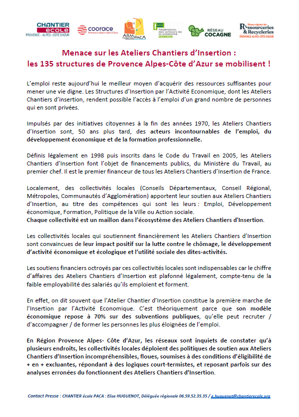 [#Ess - Se mobiliser] <a href="/EcoleSud/">CHANTIER école SUD PACA</a> : 📣 #Menace sur les #ACI, les 135 structures de #PACA / <a href="/MaRegionSud/">Région Sud</a> se mobilisent ! #IAE cc <a href="/RenaudMuselier/">Renaud Muselier</a> <a href="/DenisP_CressPac/">Denis PHILIPPE</a> <a href="/CRESS_sud/">CRESS Provence-Alpes-Côte d'Azur</a> <a href="/CHANTIERecole/">CHANTIER école</a> @Coorace <a href="/reseaucocagne/">Réseau Cocagne</a> <a href="/Ressourcerie/">Réseau National des Ressourceries et Recycleries</a> ⤵️