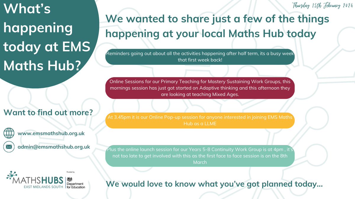 Curious about our day at East Midlands South Maths Hub? 🤔 Here's a sneak peek into our day. 

What have you got planned today?

bit.ly/EMSMathshub