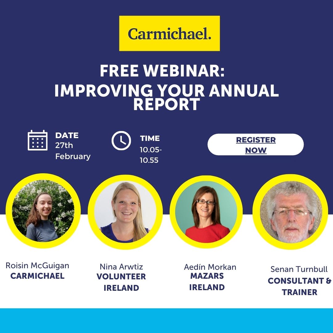 ▶️Free webinar ◀️ 💻Improving Your Nonprofit’s Annual Report 📅Tuesday February 27th ⏰10.05-10.55am Find out more 👇 carmichaelireland.ie/free-webinar-i… Register 👇 us02web.zoom.us/webinar/regist… #webinar #GoodGovernance #AnnualReport