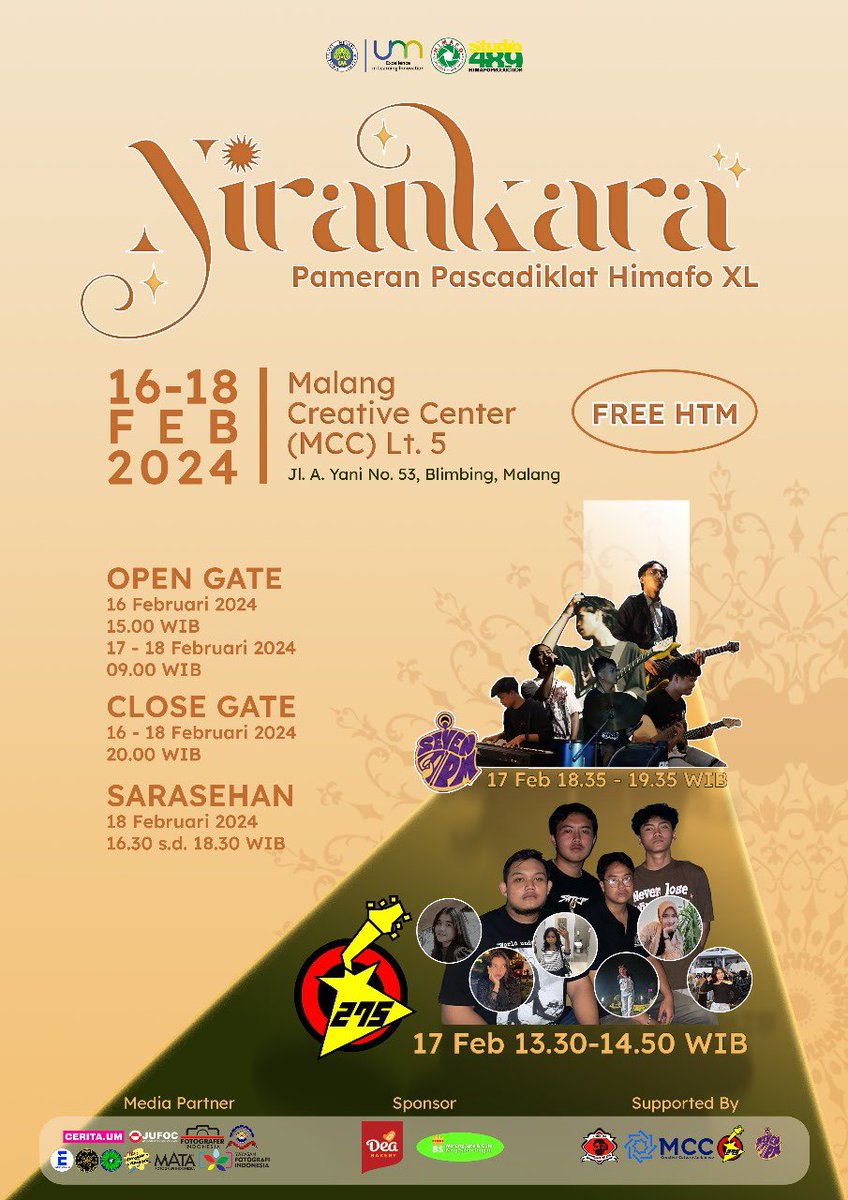 Halo temen-temen🙌🏻, yuk hadiri pameran Pasca Diklat Himafo 40 yang berjudul “Nirankara” yang akan diselenggarakan pada: 

🗓️ : Jumat-Minggu 16-18 Februari 2024
⏰ : 07.00 s.d 20.00 WIB
📍 : MCC (Malang Creative Center) Lantai 5 Amphitheater 2

Kami tunggu kehadirannya✨🤩