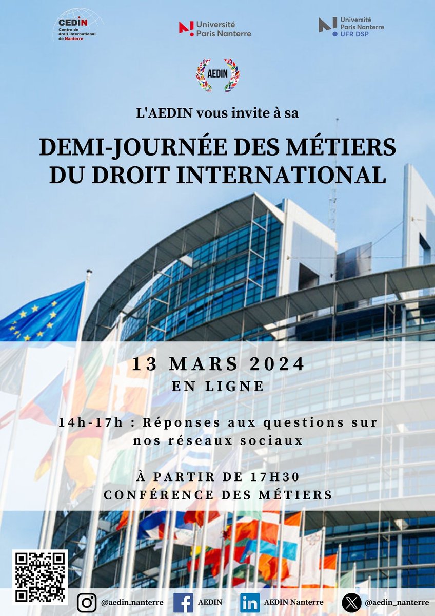 📅Comme chaque année elle est de retour : la Demi-journée du droit international en ligne ! 

L'AEDIN vous donne rendez-vous le 13 mars 2024 devant vos écrans 💻

(Programme détaillé à venir)

Inscription : forms.gle/75bUsi5RM9FqJX…
