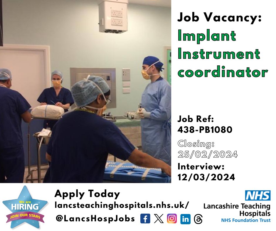 Job Vacancy: Implant Instrument coordinator ⏰Closes: 18/02/2024 Read more & apply: lancsteachinghospitals.nhs.uk/join-our-workf… #NHS #NHsjobs #lancashire #LancashireJobs #PReston #Surgery #Theatres @TLthtr