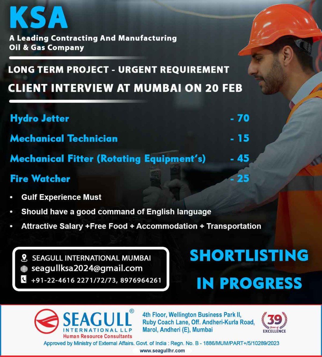 hrd1_seagull's tweet photo. 🇸🇦KSA Jobs 
‼️ Urgent Requirement - Long Term Project
💻 Client Interview At Mumbai On 20th Feb
📝Shortlisting in progress
📍Location - Mumbai
.
.
.
#ksajobs #seagull #mechanicaltechnician #hydrojetter #mechanicalfitter #firewatcher https://t.co/kI84Is8Uzk
