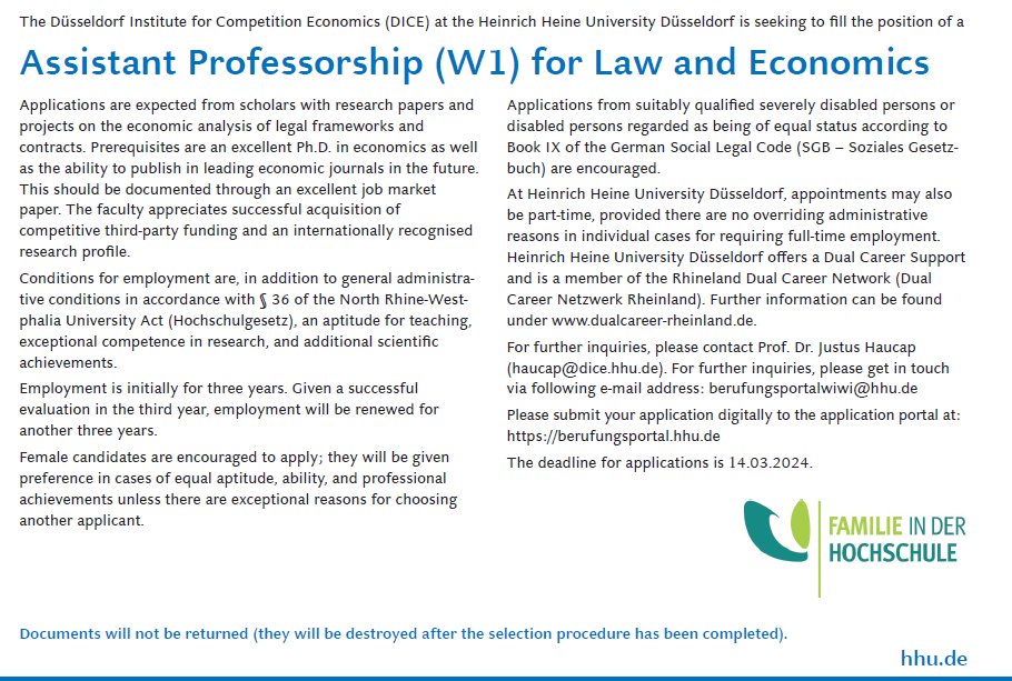 Justus Haucap (@haucap) on Twitter photo We are looking for an assistant professor (Juniorprofessur) <a href="/DICEHHU/">Düsseldorf Institute for Competition Economics</a> for law and economics.
berufungsportal.hhu.de/# We are looking for an assistant professor (Juniorprofessur) <a href="/DICEHHU/">Düsseldorf Institute for Competition Economics</a> for law and economics.
berufungsportal.hhu.de/#