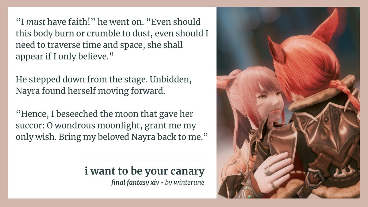Happy Valentione's Day~ 
i present to you an idea i had since last year, inspired by FFIX's "I Want to be Your Canary". 
half wolgraha, half oc/oc bc my oc's didn't want to be left out ahaha

AO3: archiveofourown.org/works/53783638
#FFXIV #FF14 #wolgraha