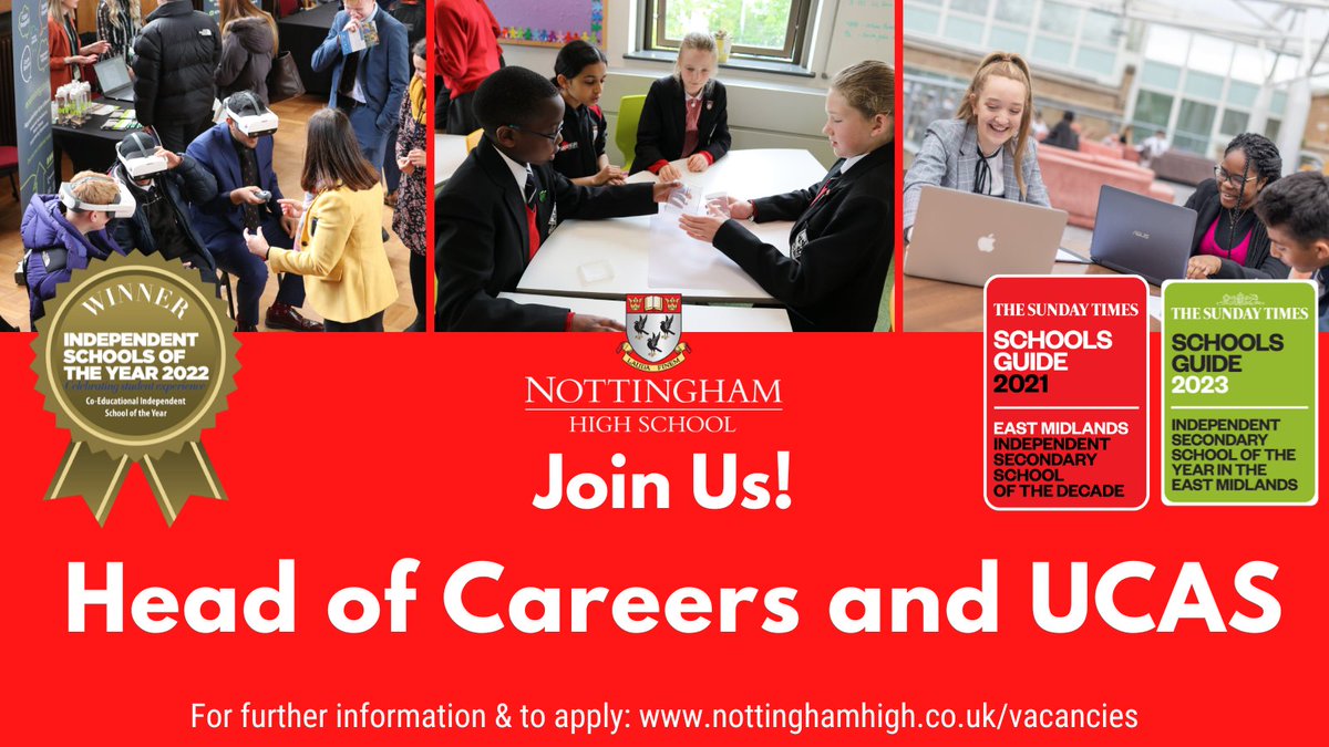 A great opportunity to join our School in a key role. This position has overall responsibility for the coordination and running of Careers and UCAS for all students at the School. Apply here nottinghamhigh.co.uk/career/head-of… #careers #careersjobs #nottsjobs #nottingham #notts