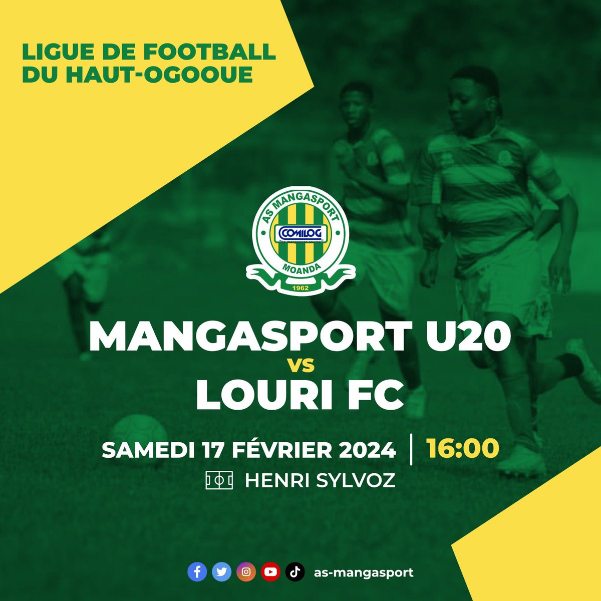 Championnat D3 provincial de la Ligue de Football du Haut-Ogooué. 🏆⚽️

📆 Samedi 17 février
📍Stade Henri-Sylvoz 

🟡 14H: AS Mangasport U17 vs Galacticas
🟢 16H: AS Mangasport U20 vs Louri FC 

#AsMangasport #Gabon #HautOgooué