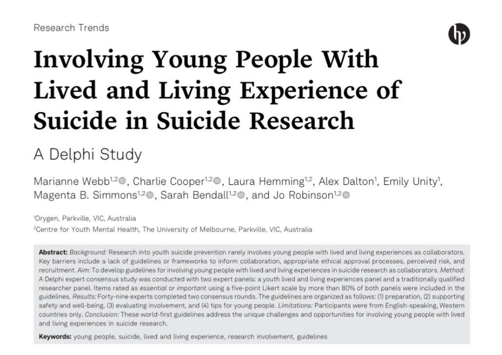 Thrilled to see this paper out in the world! Best practices for partnering with young people who have lived and living experience of suicide in suicide research: this was a massive project led superbly by the talented @MarianneW - econtent.hogrefe.com/doi/full/10.10…