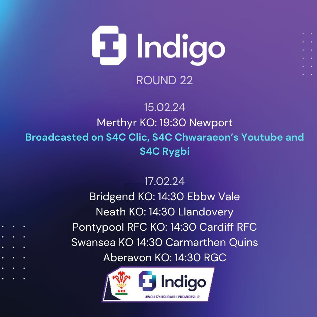The Indigo Group Premiership 🏉🏆  

Round 22! 

Starting tonight at 7.30pm with Merthyr v Newport 📅 

Watch on S4C Chwaraeon, Clic, Youtube or Facebook. 

#IndigoPrem #Rugby
