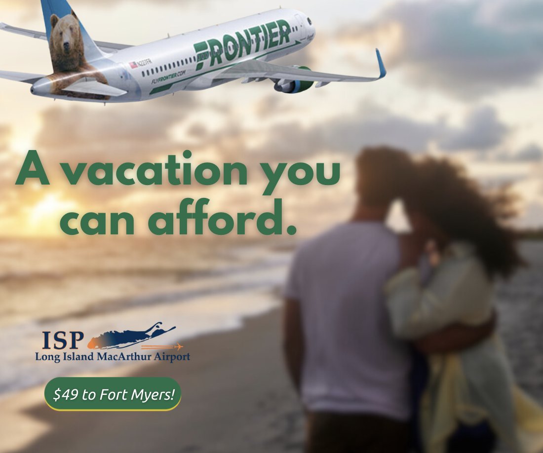 It's good to know that when you need a little getaway, MacArthur Airport is close by. Fares in April nonstop from ISP to Fort Myers for as low as $49 on @FlyFrontier. #travelfinds #hereforlongisland #flymacarthur #vacations #weekendgetaways #isp #florida

flights.flyfrontier.com/en/flights-fro…