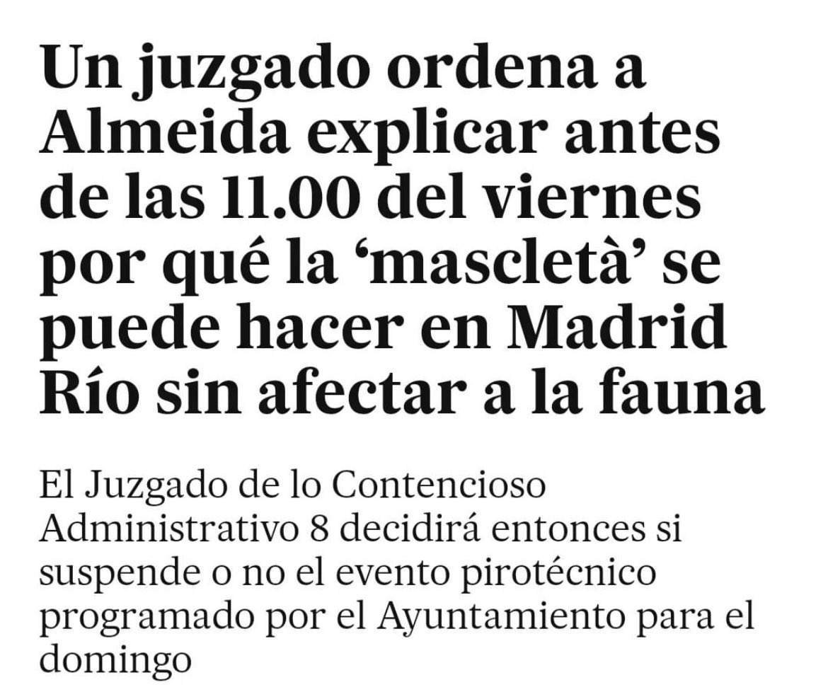 24 horas 🧨❌

El juzgado admite la denuncia de la asociación <a href="/salvando_peludo/">El Campito Salvando Peludos</a> y ha ordenado a Almeida dar explicaciones antes del viernes a las 11h. 

¿Cómo va a explicar el alcalde que una mascletá en el río no tendrá impacto ambiental y sobre la fauna? 

#NoALaMascletá