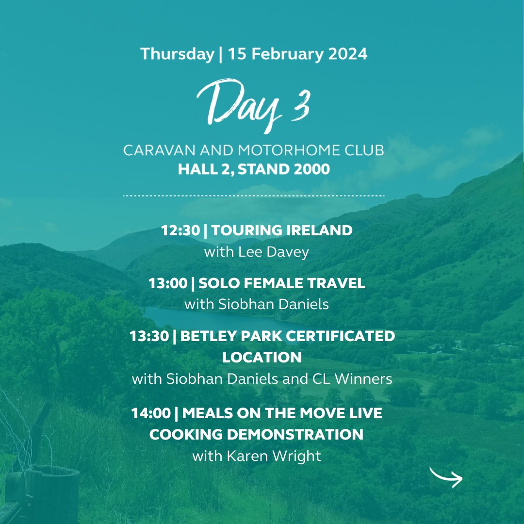 Excited for another inspiring day at Caravan, Camping and Motorhome Show 2024, where we'll have the pleasure of meeting you all. We're thrilled to welcome some outstanding guest speakers today on the Club stand, ready to ignite your passion for touring adventures!