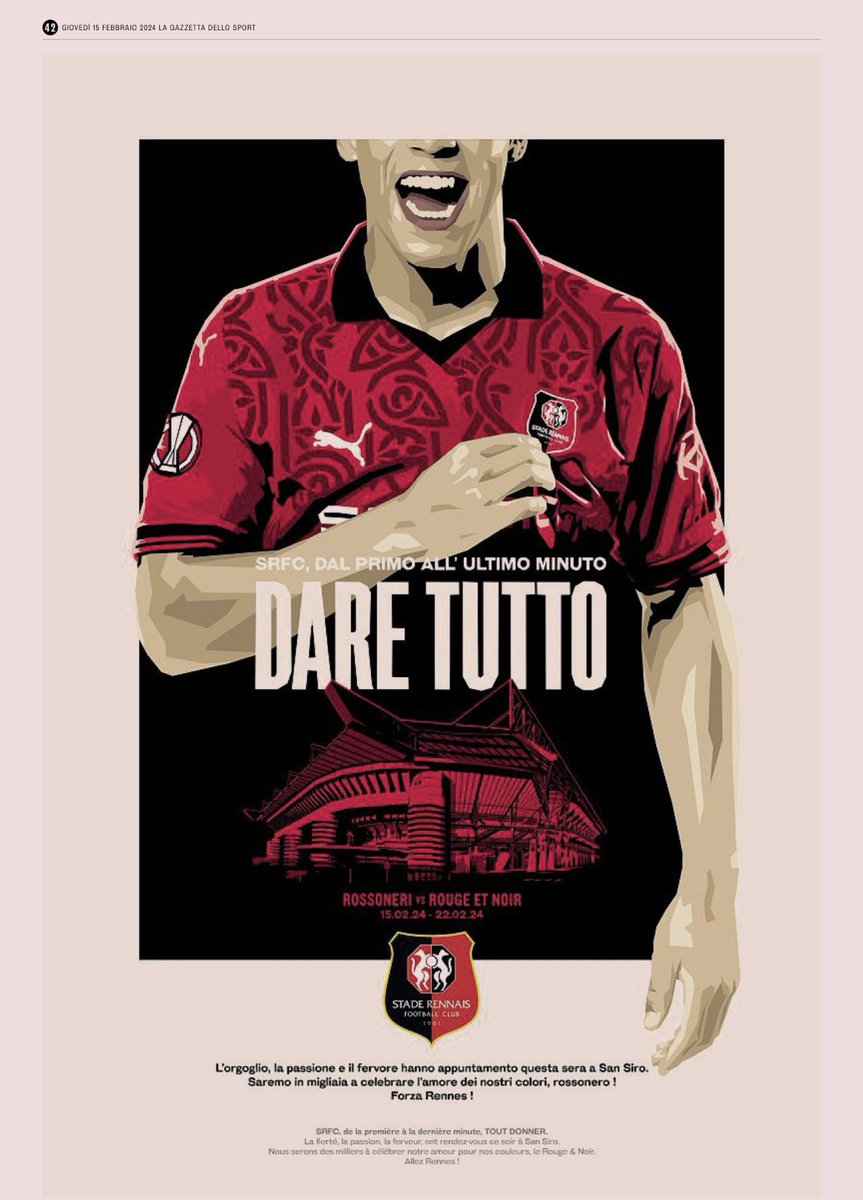🚨 Le Stade Rennais a acheté une page dans le journal La Gazzetta du jour ! ❤️🖤

Aujourd'hui est un jour TRÈS spécial pour les Rouge &amp; Noir.