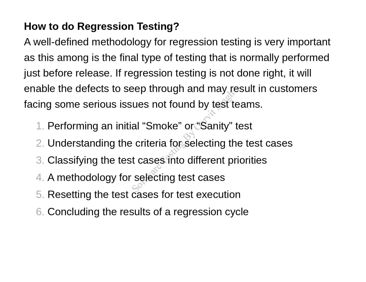 𝗦𝗼𝗳𝘁𝘄𝗮𝗿𝗲 𝗧𝗲𝘀𝘁𝗶𝗻𝗴 𝗦𝗲𝗿𝗶𝗲𝘀

💠 Regression Testing (46)

🔸 Types of Regression Testing
🔸 What is a build?
🔸 Regular Regression Testing
🔸 Final Regression Testing
🔸 When to do Regression Testing
🔸 How to do Regression Testing

#100DaysOfCode #SoftwareTesting