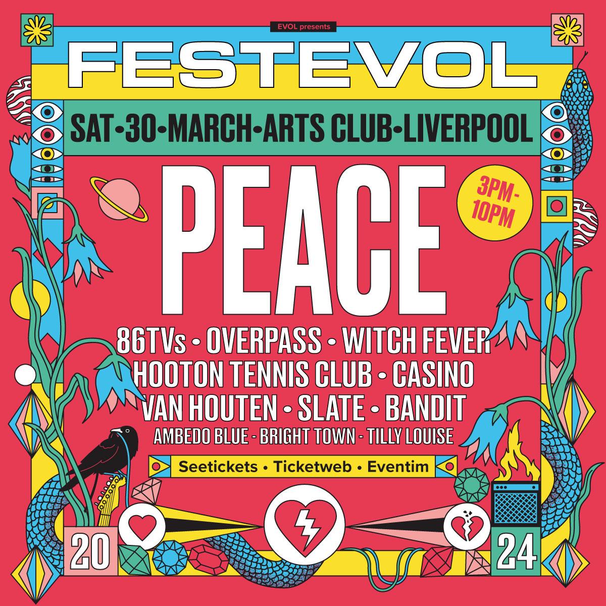 ***ANNOUNCEMENT*** FestEvol '24 part 1. A full venue event @artsclublpool 3-10pm, Saturday March 30 @PEACE4EVEREVER PLUS @86TVsband @overpass_band @WITCHFEVER @hootontennisclb @Casino_band_ @vanhoutenuk & more! Cheaper earlybirds on-sale until 10am Friday: seetickets.com/event/peace/ar…