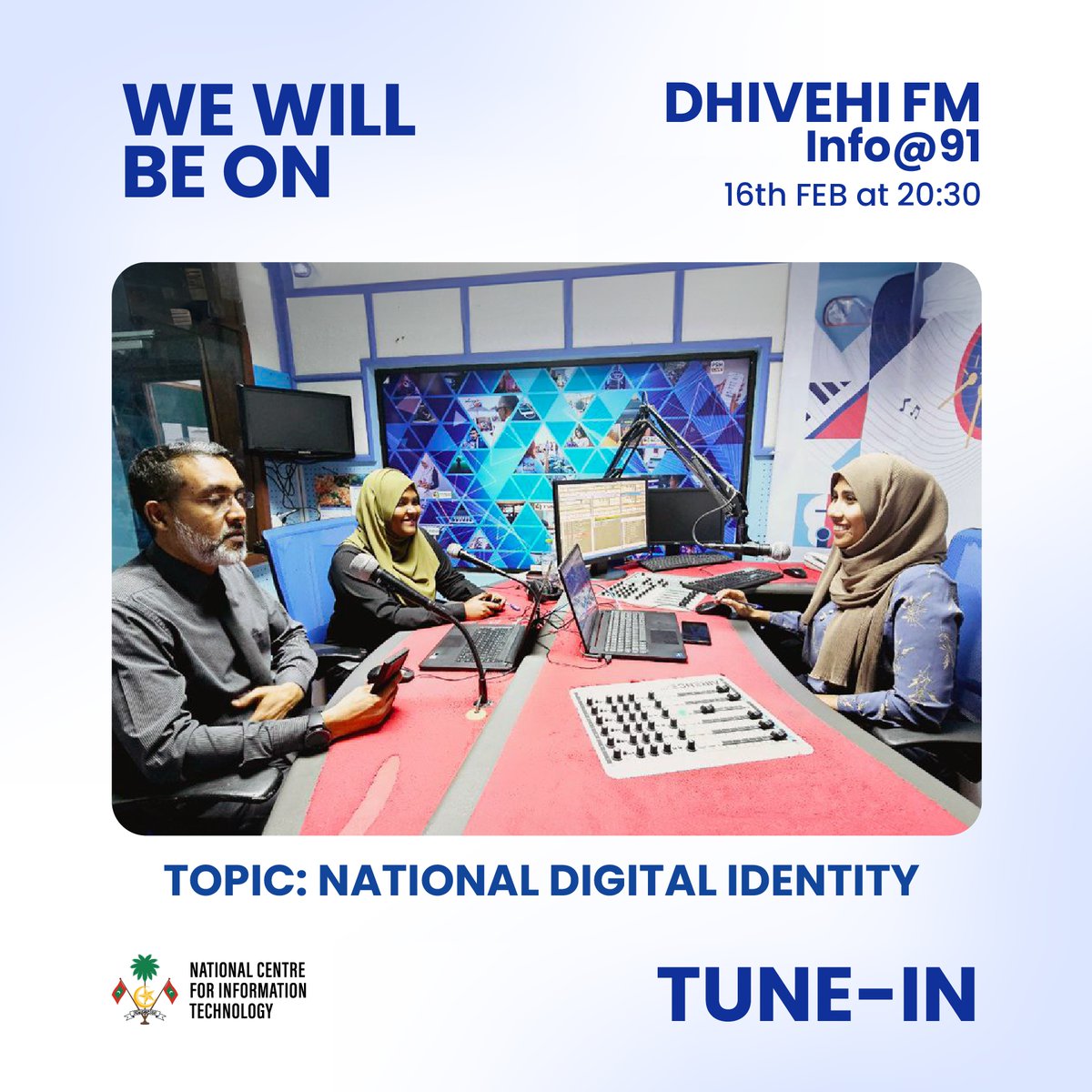 We will be on @DhivehiFM's  info@91  program at 20:30hrs on 16/02. Our HOD of Software Development Hany Nasyr & Project Coordinator Mariyam Shuha will be talking about the National Digital Identity @eFaasmv. Tune in!

#efaas #digitalidentity #DigitalMaldives #TransformGovernment