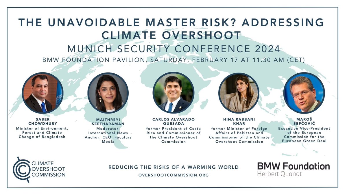 🗣️ Join us at the Munich Security Conference 2024 in collaboration with the @bmwfoundation! For a panel on 'The Unavoidable Master Risk? Addressing Climate Overshoot' 🗓️When? Saturday, February 17 at 11.30 AM (CET) 🏙️Where? BMW Foundation Pavilion, Lenbahcplatz 7, Munich