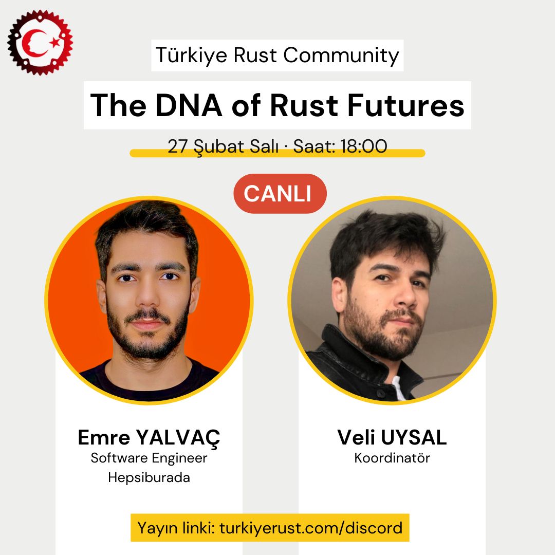 İlk konuşmacımız ve konumuz netleşti 🦀

Futures konusunu derinlemesine inceleyeceğimiz ilk online etkinliğimize tüm Rustacean'ları bekliyoruz 🎉

Takvimlerinizi etkinliğimize göre ayarlayınız.