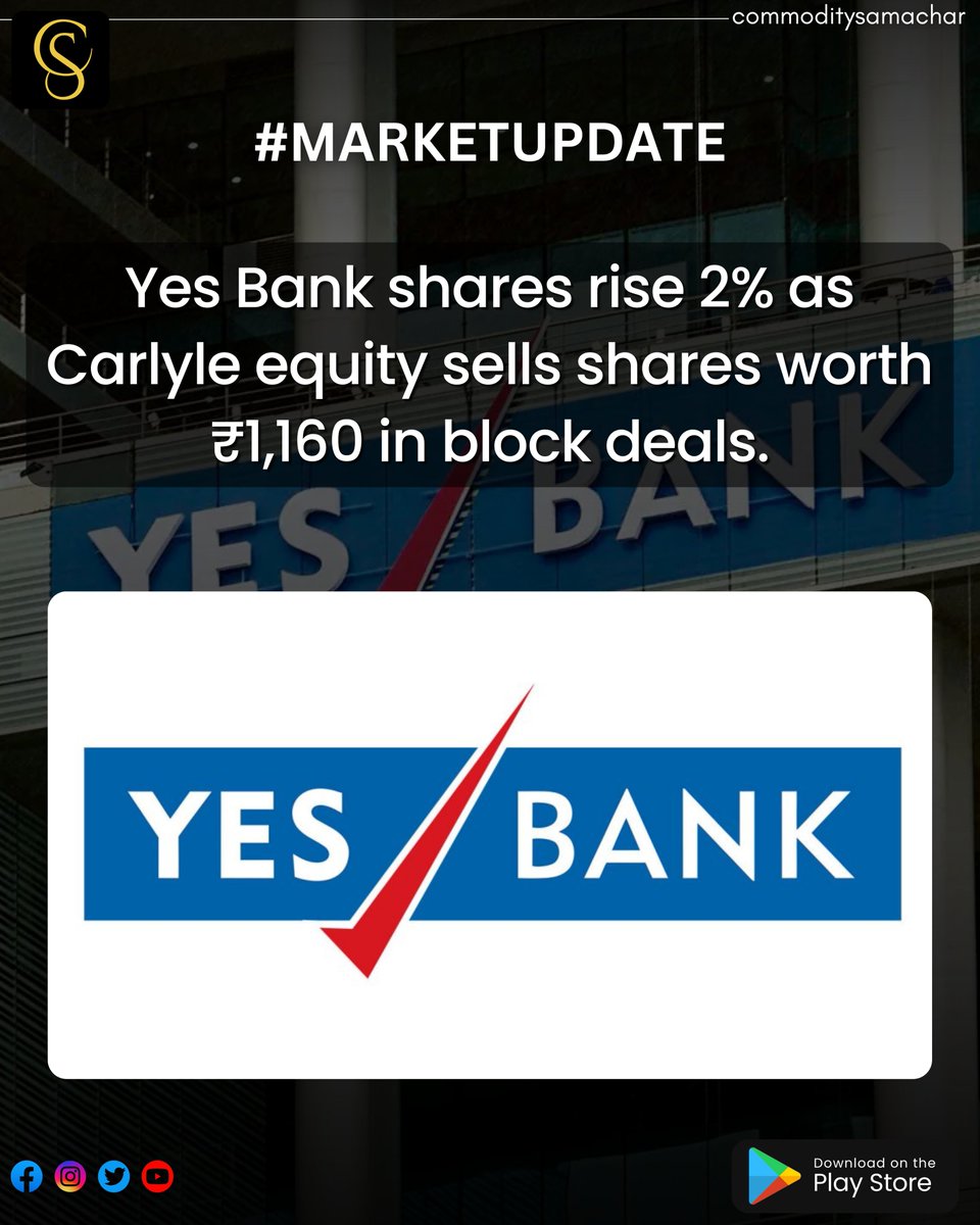 comm_samachar's tweet photo. Yes Bank shares rise 2% as Carlyle equity sells shares worth Rs. 1,160 in block deals.
#news #marketupdate #yesbank #shares #stockmarkets #economicdata #yesbank #commoditysamachar
#commoditymarket https://t.co/i8FPdOcv4S