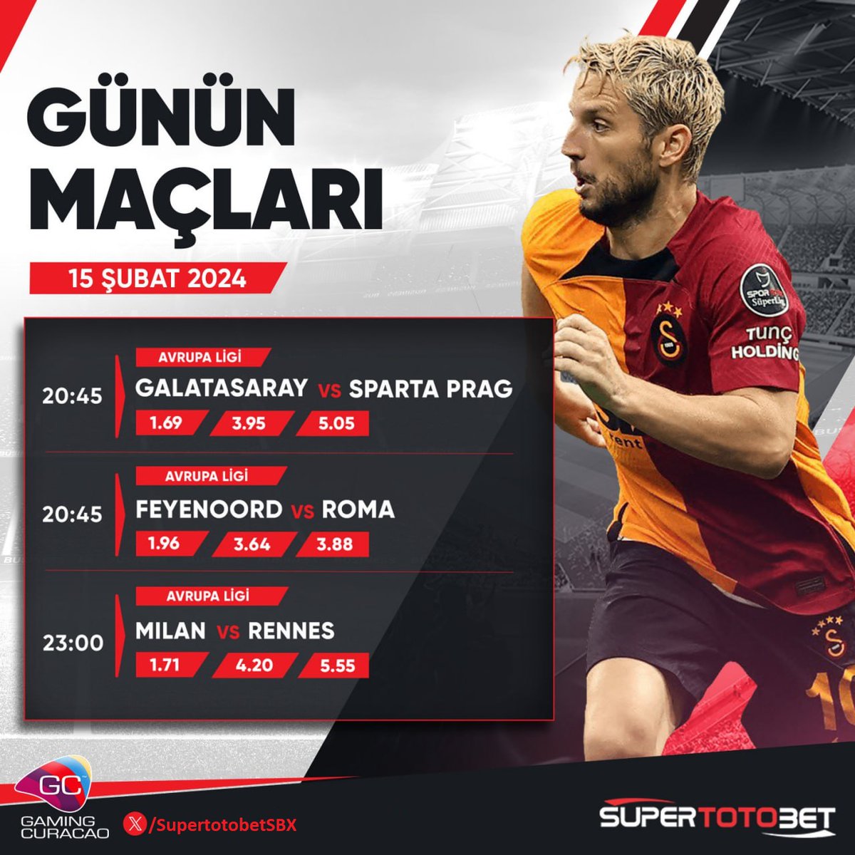 Süpertotobet'te Günün Karşılaşmaları

🤩#Galatasaray🆚Sparta Prag
🤩Feyenord🆚#Roma
🤩Rennes🆚#Milan

Günün en önemli karşılaşmaları ve öne çıkan bahisleri sizleri bekliyor.