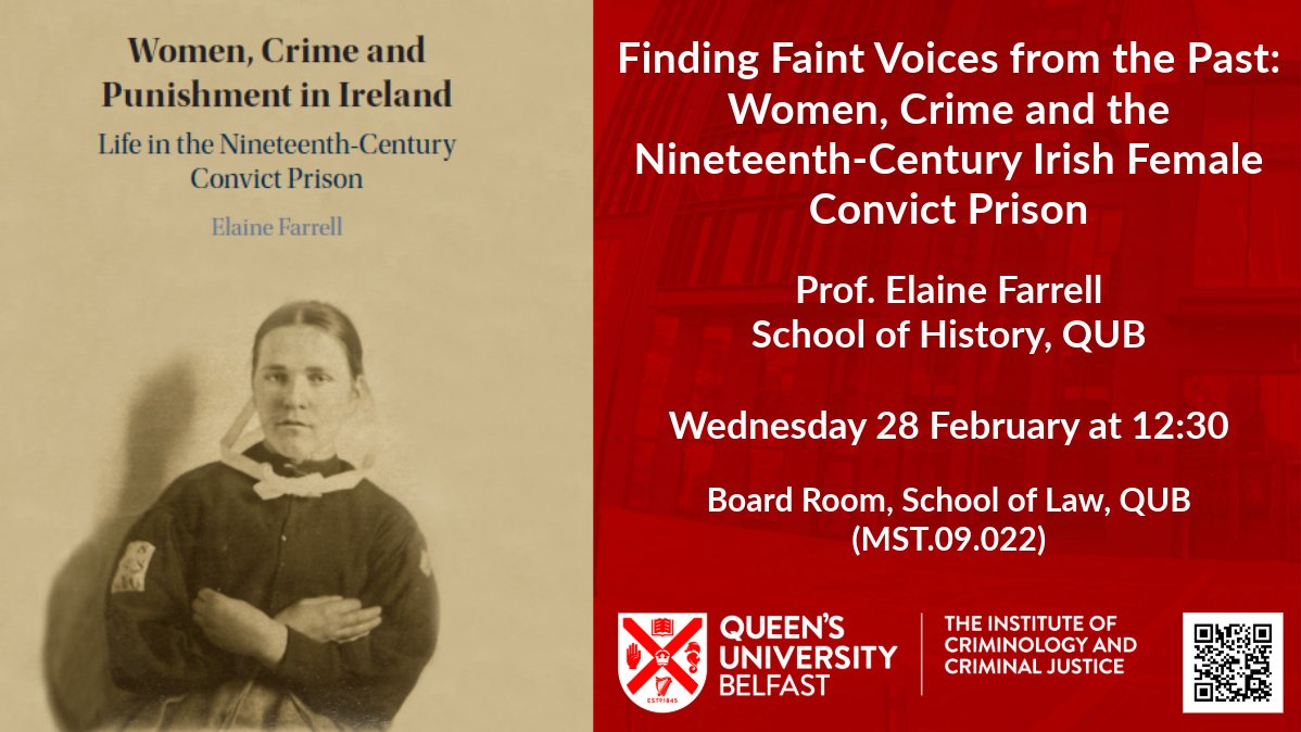 📢 Join us for the next @QUB_ICCJ seminar on Wed 28/2, h. 12:30 pm. Prof @Elaineffarrell (@QUB_History) will give a talk titled 'Uncovering Quiet Echoes from History: Women, Criminality, and 19th Century Irish Female Convicts'. 📌Sign up here: buff.ly/4bznftR #ICCJ